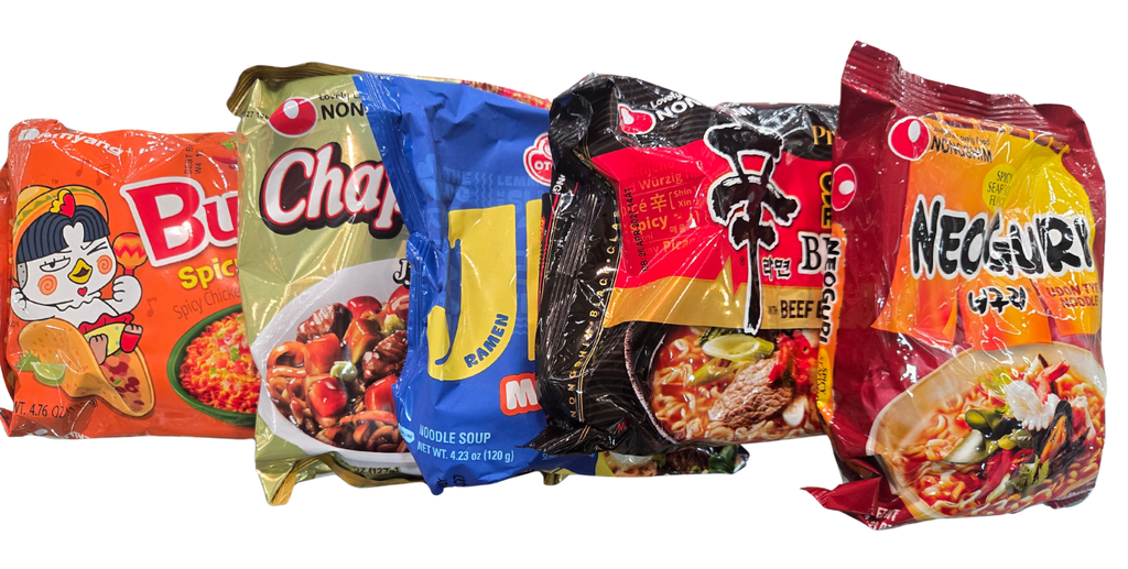 Assorted Korean ramyun including Buldak, Chapagetti, Jin Ramen, Shin Ramyun and Neoguri