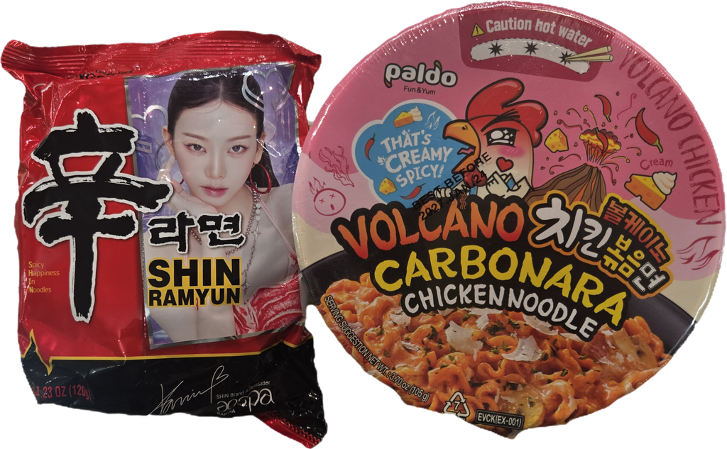 Bagged Shin Ramyun and Korean cup noodles shown side by side