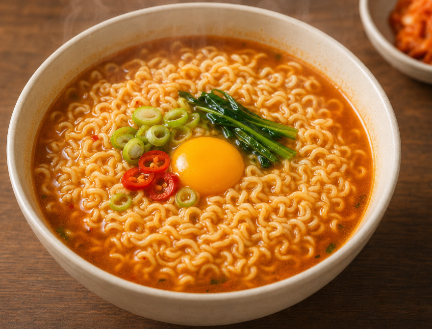 Korean ramyun topped with egg, green onions and chili peppers